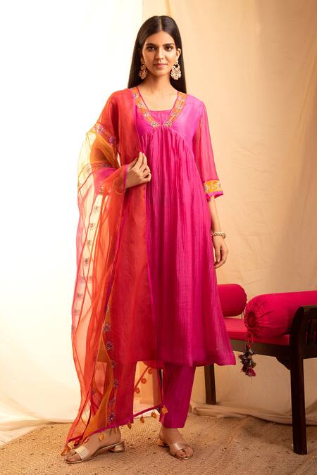 Priti Prashant Pink Handwoven Tissue Stripes, Chanderi V Neck Anarkali And Pant Set Online at Aza Fashions Priti Prashant_Pink Handwoven Tissue Stripes, Chanderi V Neck Anarkali And Pant Set _Online_at_Aza_Fashions