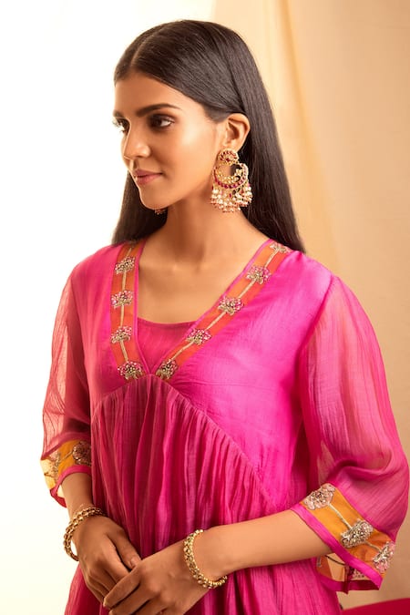 Shop Priti Prashant Pink Handwoven Tissue Stripes, Chanderi V Neck Anarkali And Pant Set at Aza Fashions Shop_Priti Prashant_Pink Handwoven Tissue Stripes, Chanderi V Neck Anarkali And Pant Set _at_Aza_Fashions