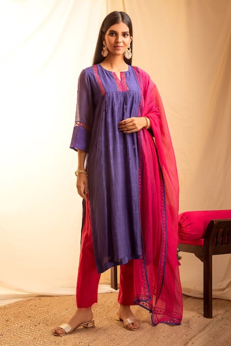 Priti Prashant Purple Handwoven Tissue Stripes, Mashru Notched Gathered Kurta Set