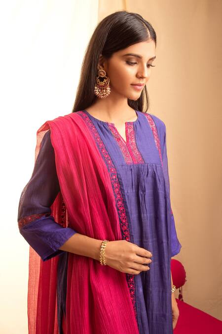 Priti Prashant Purple Handwoven Tissue Stripes, Mashru Notched Gathered Kurta Set Online at Aza Fashions Priti Prashant_Purple Handwoven Tissue Stripes, Mashru Notched Gathered Kurta Set _Online_at_Aza_Fashions