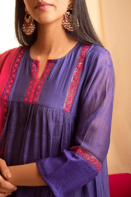 Buy Priti Prashant Purple Handwoven Tissue Stripes, Mashru Notched Gathered Kurta Set Online at Aza Fashions Buy_Priti Prashant_Purple Handwoven Tissue Stripes, Mashru Notched Gathered Kurta Set _Online_at_Aza_Fashions