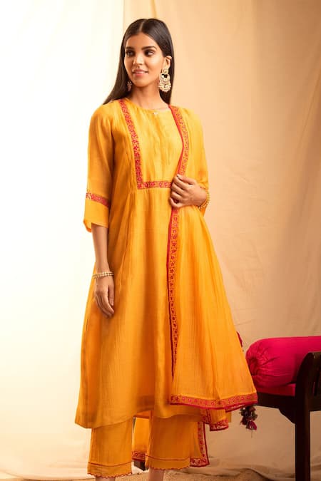Priti Prashant Orange Handwoven Tissue Stripes, Chanderi Silk Flared Kurta And Pant Set