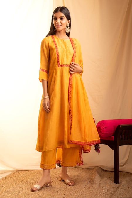 Priti Prashant Orange Handwoven Tissue Stripes, Chanderi Silk Flared Kurta And Pant Set Online at Aza Fashions Priti Prashant_Orange Handwoven Tissue Stripes, Chanderi Silk Flared Kurta And Pant Set _Online_at_Aza_Fashions