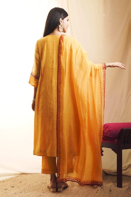 Shop Priti Prashant Orange Handwoven Tissue Stripes, Chanderi Silk Flared Kurta And Pant Set at Aza Fashions Shop_Priti Prashant_Orange Handwoven Tissue Stripes, Chanderi Silk Flared Kurta And Pant Set _at_Aza_Fashions