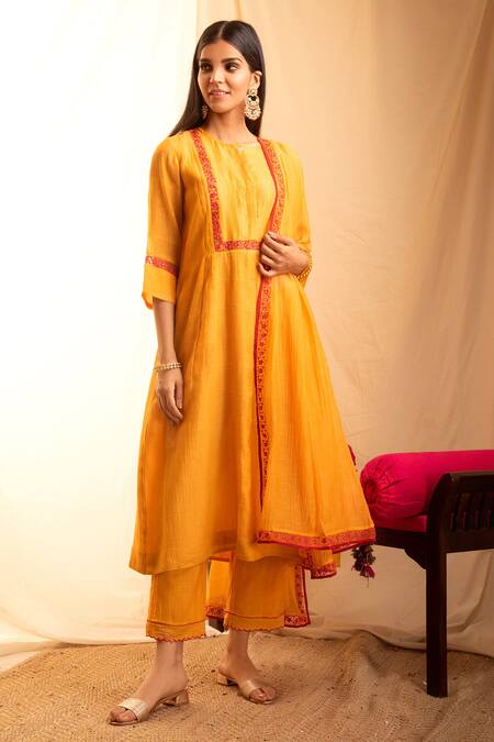 Priti Prashant Orange Handwoven Tissue Stripes, Chanderi Round Flared Kurta Set