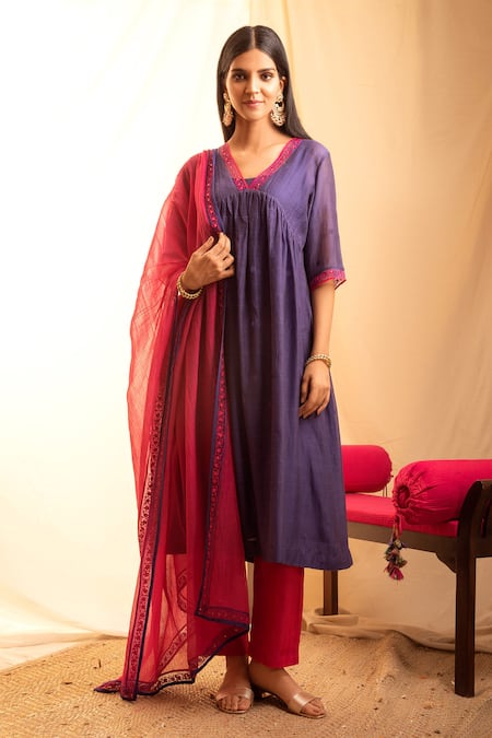 Priti Prashant Purple Handwoven Tissue Stripes, Chanderi Notched Anarkali Set