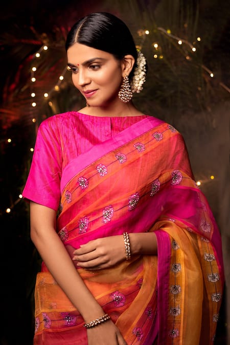 Priti Prashant_Orange Silk Organza Straight Printed Saree_Online_at_Aza_Fashions