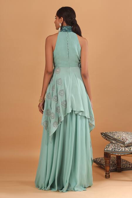 Shop_Ek Soot_Blue Heavy And High Neck Kalidar Kurta & Gharara Set  _at_Aza_Fashions