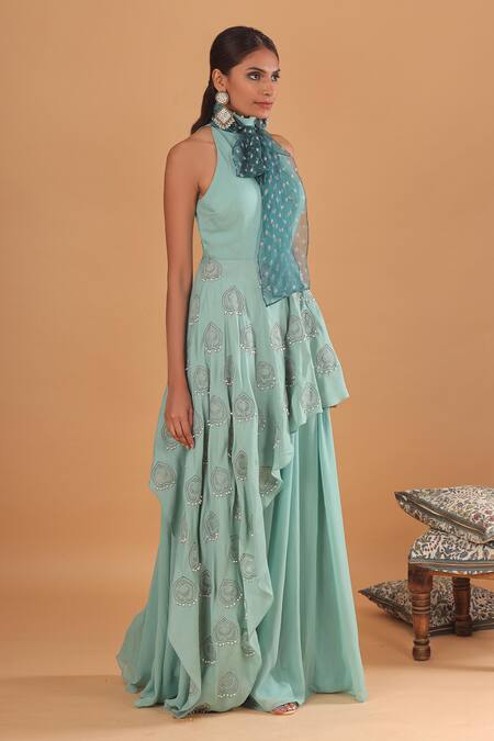 Ek Soot_Blue Heavy And High Neck Kalidar Kurta & Gharara Set  _Online_at_Aza_Fashions
