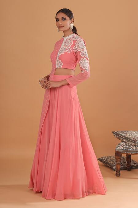 EK Soot_Pink Georgette Round Embroidered Jumpsuit_Online_at_Aza_Fashions