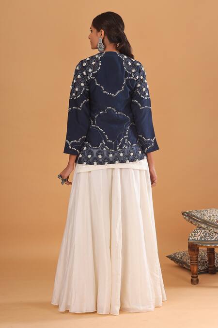 Shop_EK Soot_White Silk And Chanderi Round Embroidered Jacket & Gharara Set _at_Aza_Fashions