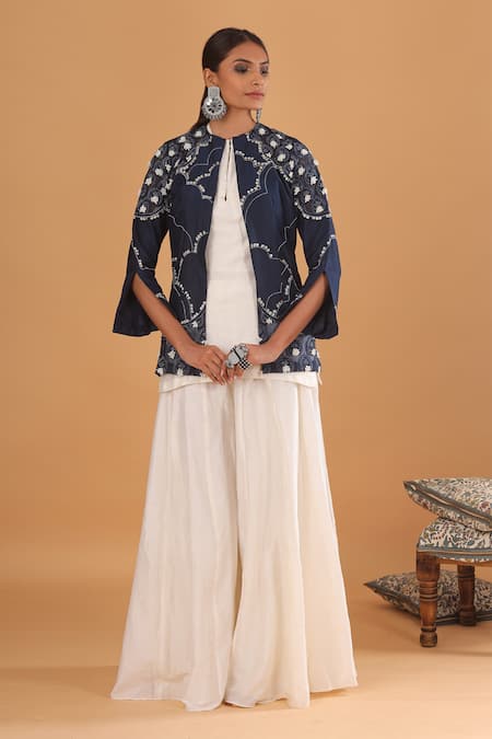 EK Soot_White Silk And Chanderi Round Embroidered Jacket & Gharara Set _Online_at_Aza_Fashions