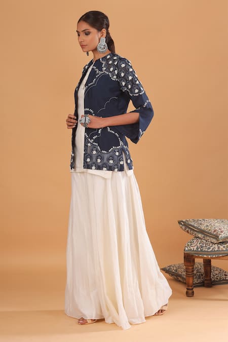Buy_EK Soot_White Silk And Chanderi Round Embroidered Jacket & Gharara Set _Online_at_Aza_Fashions