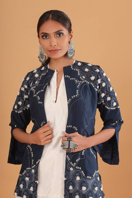Shop_EK Soot_White Silk And Chanderi Round Embroidered Jacket & Gharara Set _Online_at_Aza_Fashions
