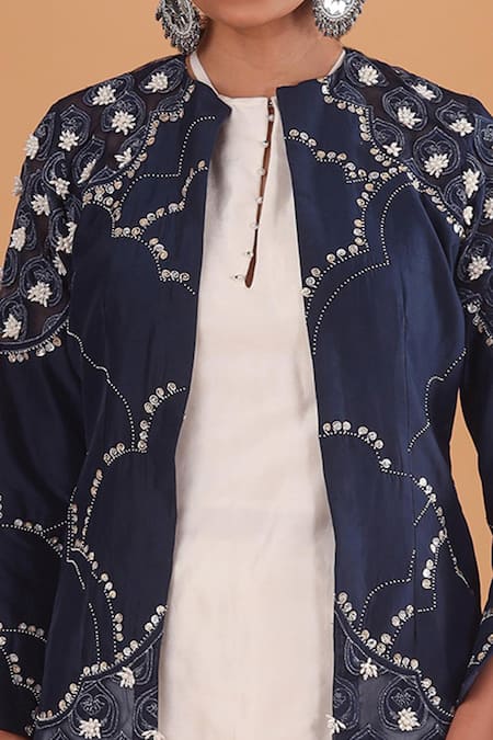 EK Soot_White Silk And Chanderi Round Embroidered Jacket & Gharara Set _at_Aza_Fashions