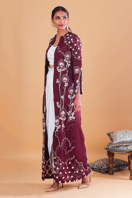 EK Soot_White Silk And Chanderi Crop Top V Neck Cape Round Embroidered & Dhoti Set _Online_at_Aza_Fashions