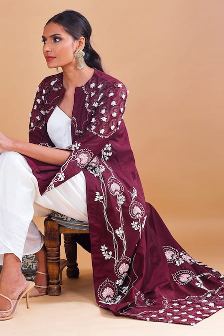 Buy_EK Soot_White Silk And Chanderi Crop Top V Neck Cape Round Embroidered & Dhoti Set _Online_at_Aza_Fashions