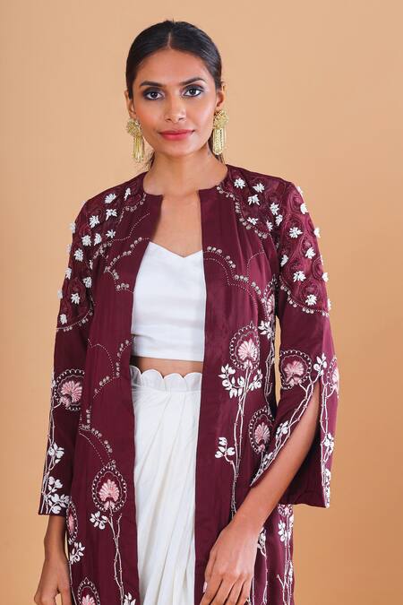 Shop_EK Soot_White Silk And Chanderi Crop Top V Neck Cape Round Embroidered & Dhoti Set _Online_at_Aza_Fashions