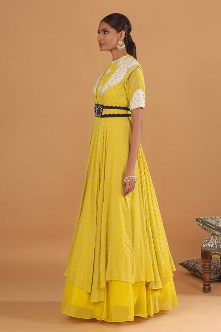 Ek Soot_Yellow Georgette Round Printed Jacket And Kurta Set  _Online_at_Aza_Fashions