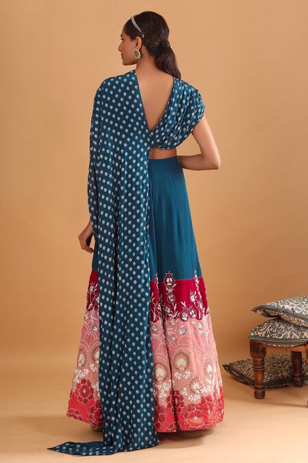 Shop_EK Soot_Blue Crepe V Neck Printed Choli With Embroidered Lehenga _at_Aza_Fashions
