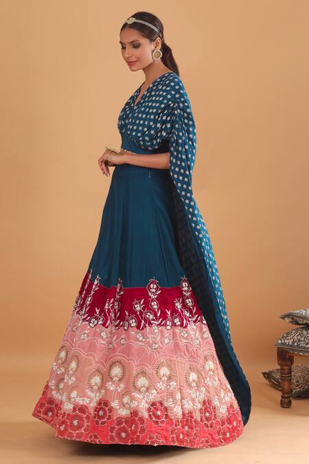 EK Soot_Blue Crepe V Neck Printed Choli With Embroidered Lehenga _Online_at_Aza_Fashions