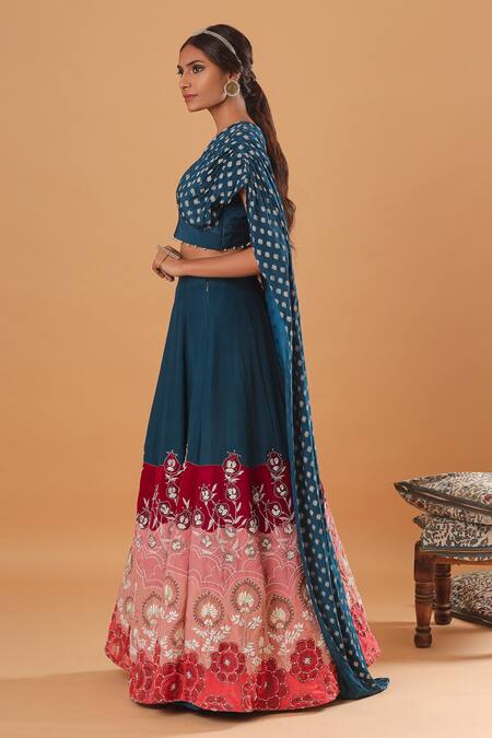 Buy_EK Soot_Blue Crepe V Neck Printed Choli With Embroidered Lehenga _Online_at_Aza_Fashions