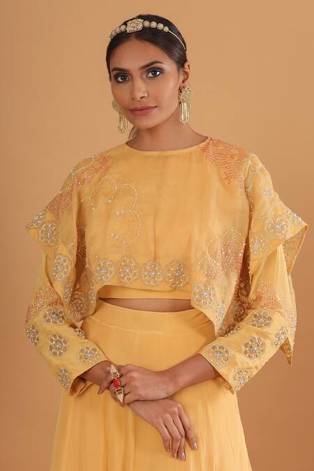 Buy EK Soot Yellow Crepe Round Embroidered Cape And Lehenga Set Online at Aza Fashions Buy_EK Soot_Yellow Crepe Round Embroidered Cape And Lehenga Set_Online_at_Aza_Fashions