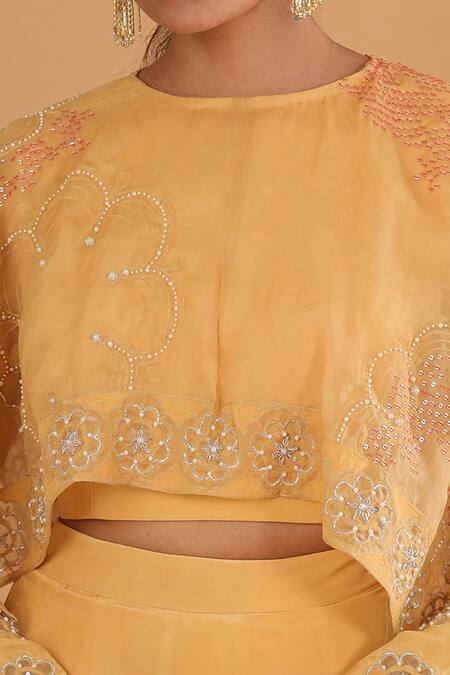 Shop EK Soot Yellow Crepe Round Embroidered Cape And Lehenga Set Online at Aza Fashions Shop_EK Soot_Yellow Crepe Round Embroidered Cape And Lehenga Set_Online_at_Aza_Fashions