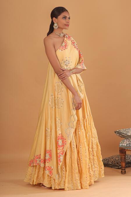 EK Soot_Yellow Chanderi Asymmetric Cape And Lehenga Set_Online_at_Aza_Fashions