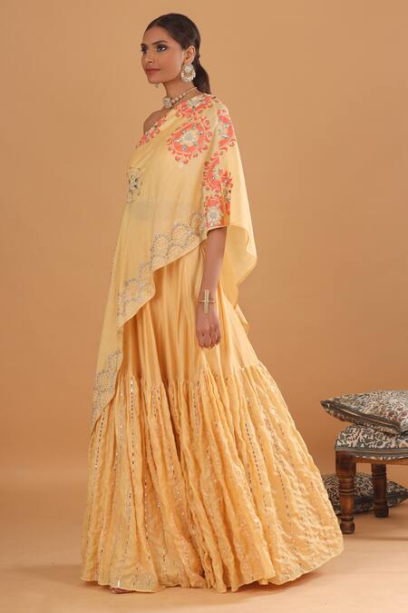 Buy_EK Soot_Yellow Chanderi Asymmetric Cape And Lehenga Set_Online_at_Aza_Fashions