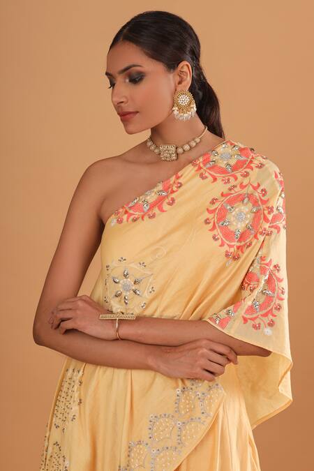 Shop_EK Soot_Yellow Chanderi Asymmetric Cape And Lehenga Set_Online_at_Aza_Fashions