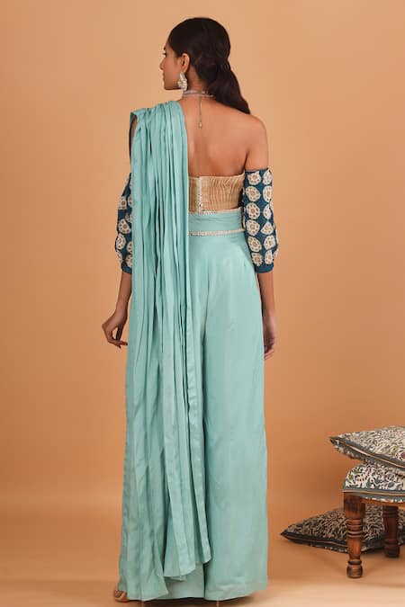 Shop_EK Soot_Blue Organza And Silk One Shoulder Pleated Saree With Off Blouse _at_Aza_Fashions