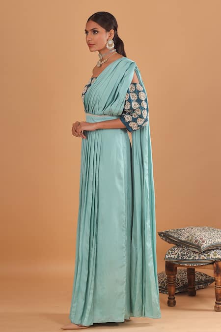 EK Soot_Blue Organza And Silk One Shoulder Pleated Saree With Off Blouse _Online_at_Aza_Fashions