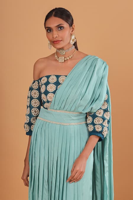 Buy_EK Soot_Blue Organza And Silk One Shoulder Pleated Saree With Off Blouse _Online_at_Aza_Fashions