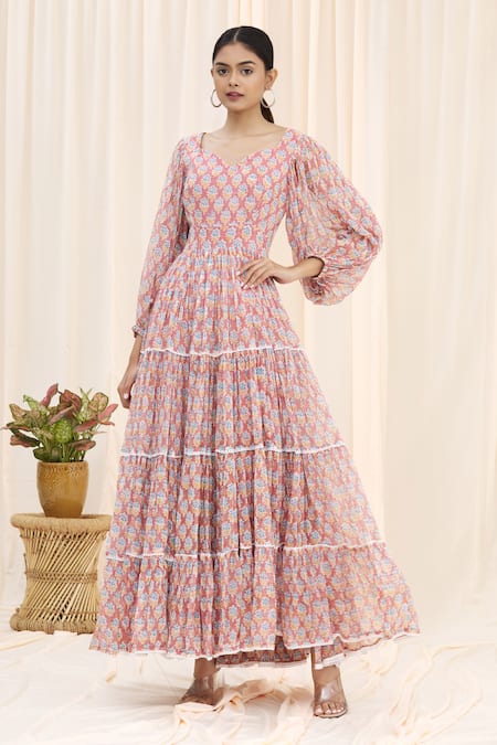 Buy Pink Chiffon Sweetheart Neck Printed Maxi Dress For Women by