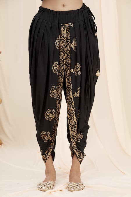 Samyukta Singhania_Black Cotton Tassels, Embroidery Printed Dhoti Pant_Online_at_Aza_Fashions