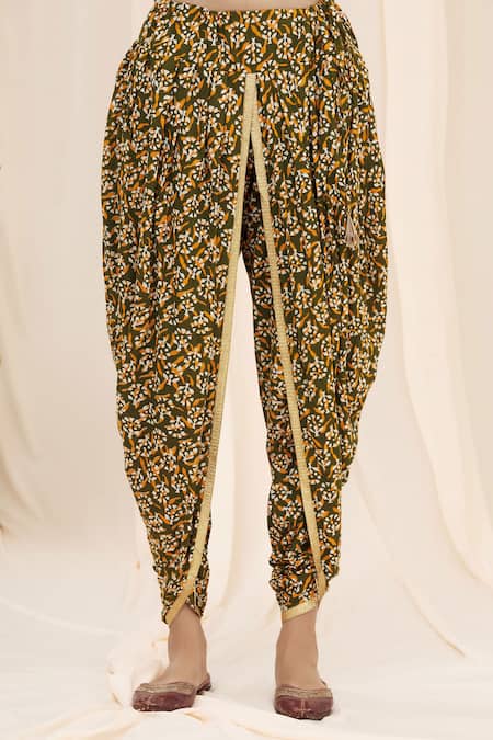 Samyukta Singhania_Green Cotton Tassels Floral Printed Dhoti Pant_Online_at_Aza_Fashions