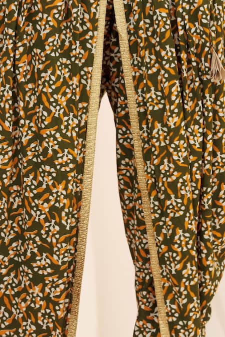 Shop_Samyukta Singhania_Green Cotton Tassels Floral Printed Dhoti Pant_Online_at_Aza_Fashions