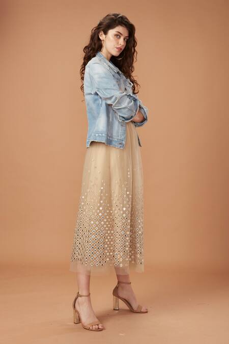 Mxs_Beige Nylon Zahara Midi Skirt_Online_at_Aza_Fashions