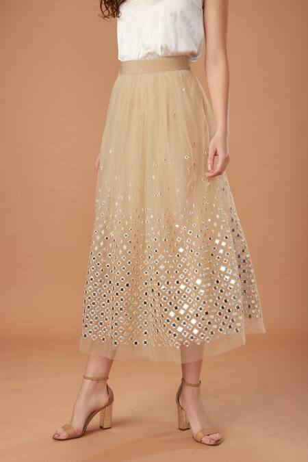 Buy_Mxs_Beige Nylon Zahara Midi Skirt_Online_at_Aza_Fashions