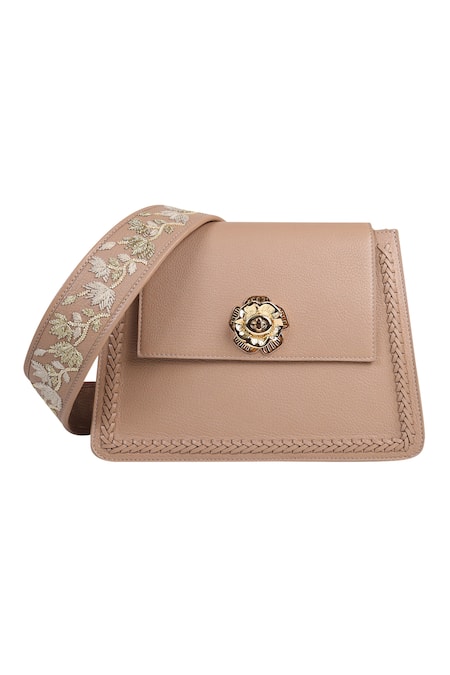 Buy_The Leather Garden_Beige Embroidered Geranium Flap Sling Bag _Online_at_Aza_Fashions