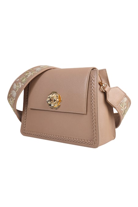 The Leather Garden_Beige Embroidered Geranium Flap Sling Bag _Online_at_Aza_Fashions