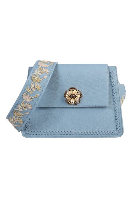 Buy_The Leather Garden_Blue Embroidered Powder Flap Sling Bag _Online_at_Aza_Fashions