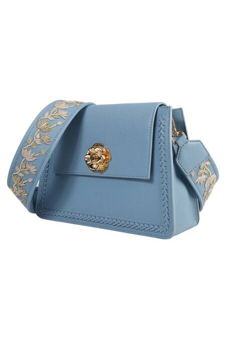 The Leather Garden_Blue Embroidered Powder Flap Sling Bag _Online_at_Aza_Fashions