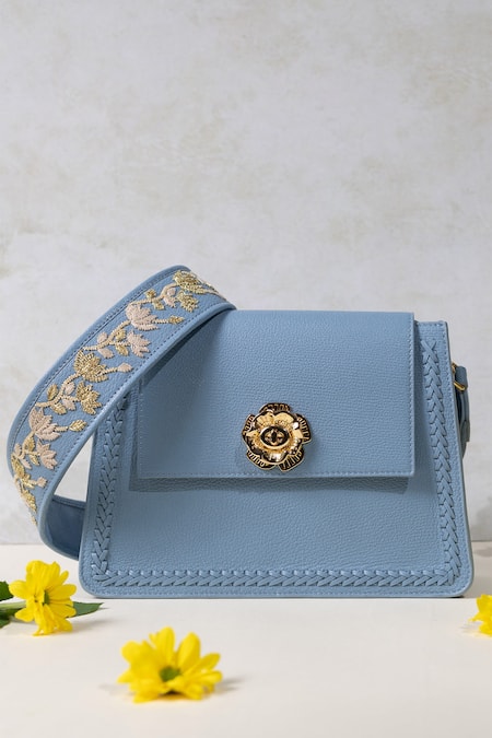 The Leather Garden Powder Blue Embroidered Flap Sling Bag 