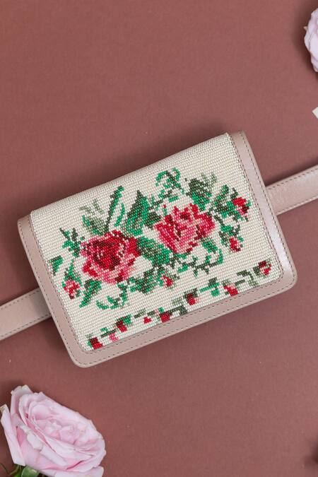 Shop The Leather Garden Beige Embroidery Diya Floral Flap Bag With Sling Online at Aza Fashions Shop_The Leather Garden_Beige Embroidery Diya Floral Flap Bag With Sling _Online_at_Aza_Fashions