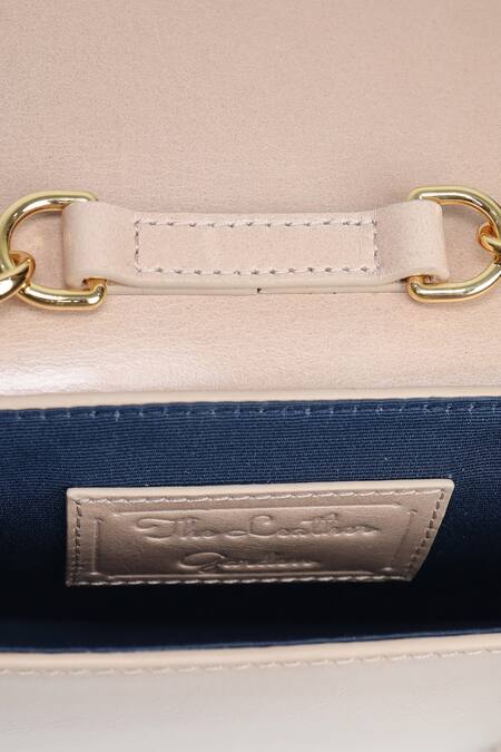 The Leather Garden_Beige Embroidery Diya Floral Flap Bag With Sling _at_Aza_Fashions