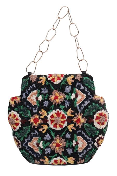 Buy_The Leather Garden_Black Embroidery Esra Velvet Bag _Online_at_Aza_Fashions
