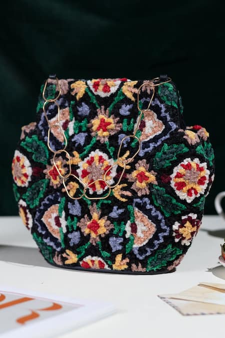 Shop The Leather Garden Black Embroidery Esra Velvet Bag at Aza Fashions Shop_The Leather Garden_Black Embroidery Esra Velvet Bag _at_Aza_Fashions