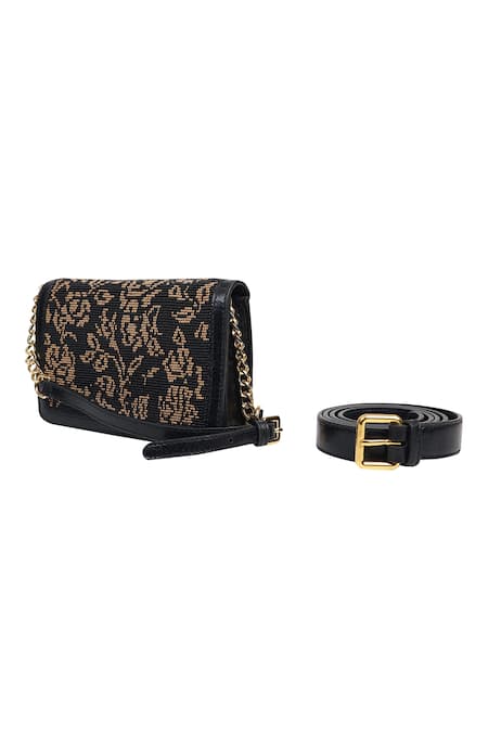 The Leather Garden_Black Embroidery Gayatri Floral Flap Bag With Sling _Online_at_Aza_Fashions